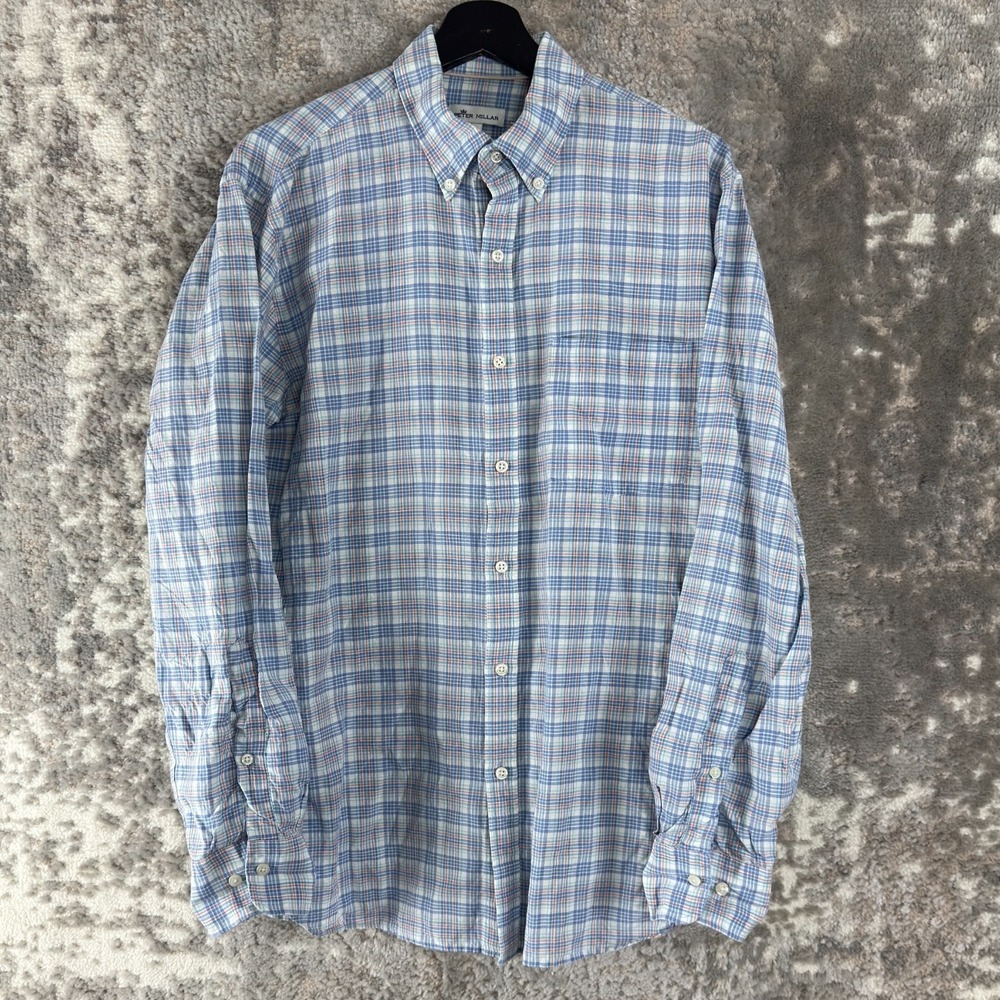 Peter Millar Size M Linen Silk Plaid Casual Button Shirt Blue Long Sleeve Collar